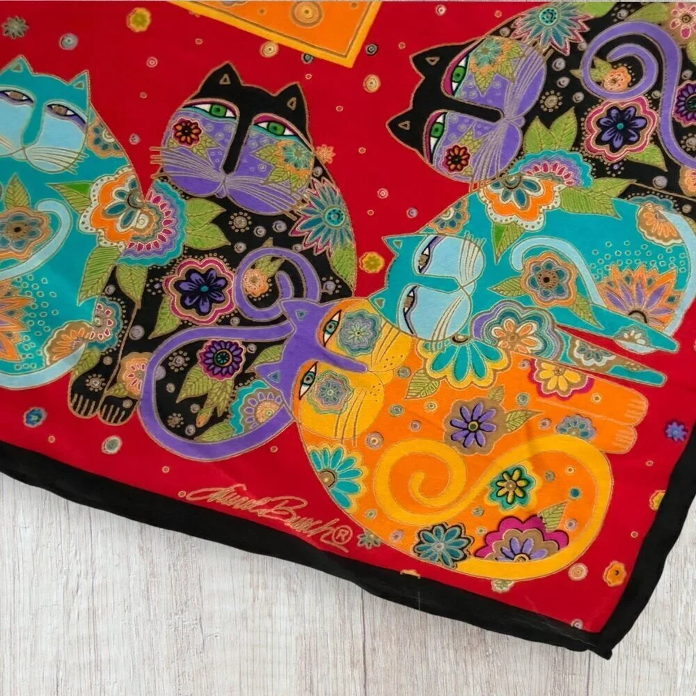 Laurel Burch Colorful Cats Silk Square Scarf Red Black Art Print